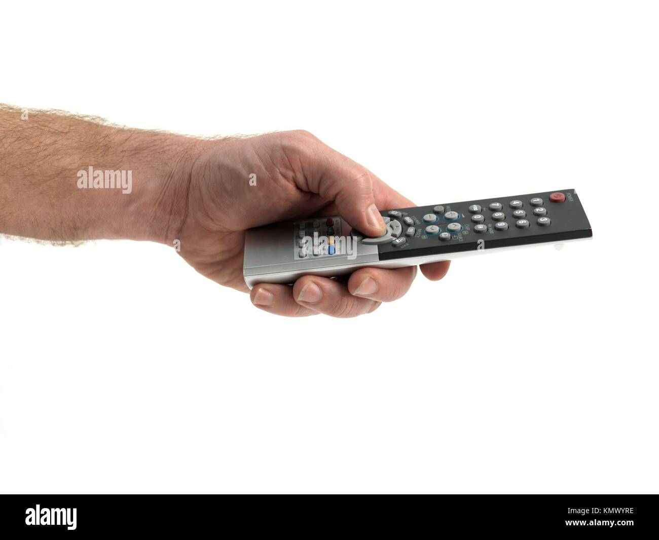Un control remoto sostenido en la mano aislados sobre un fondo blanco  Fotografía de stock - Alamy