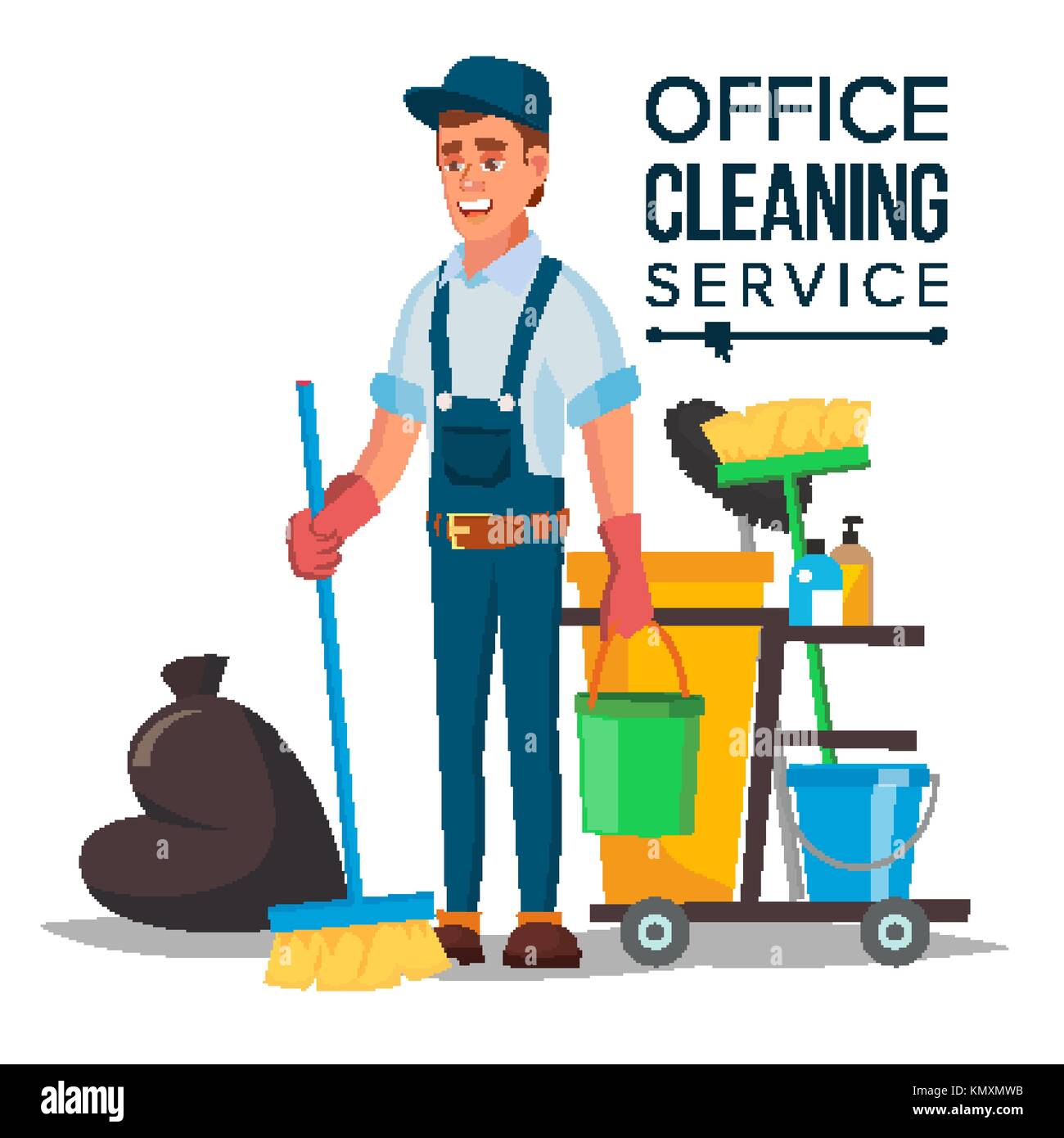 Limpiador de oficina. limpiador de vectores y la limpieza del equipo.  sweeper el suelo. personaje de caricatura ilustración Imagen Vector de  stock - Alamy