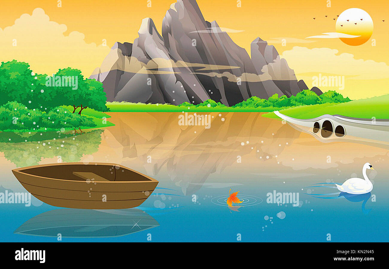 Barco en el lago, con el Cisne Blanco, Rocky Mountain View, ilustración vectorial Foto de stock