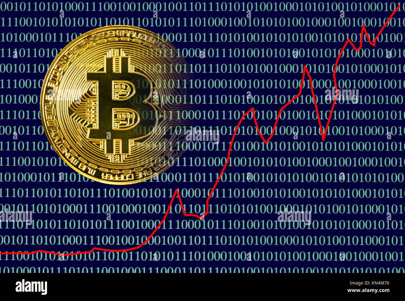 Imagen Símbolo de actuación, moneda digital bitcoin moneda física de oro digital portátil con código binario Foto de stock