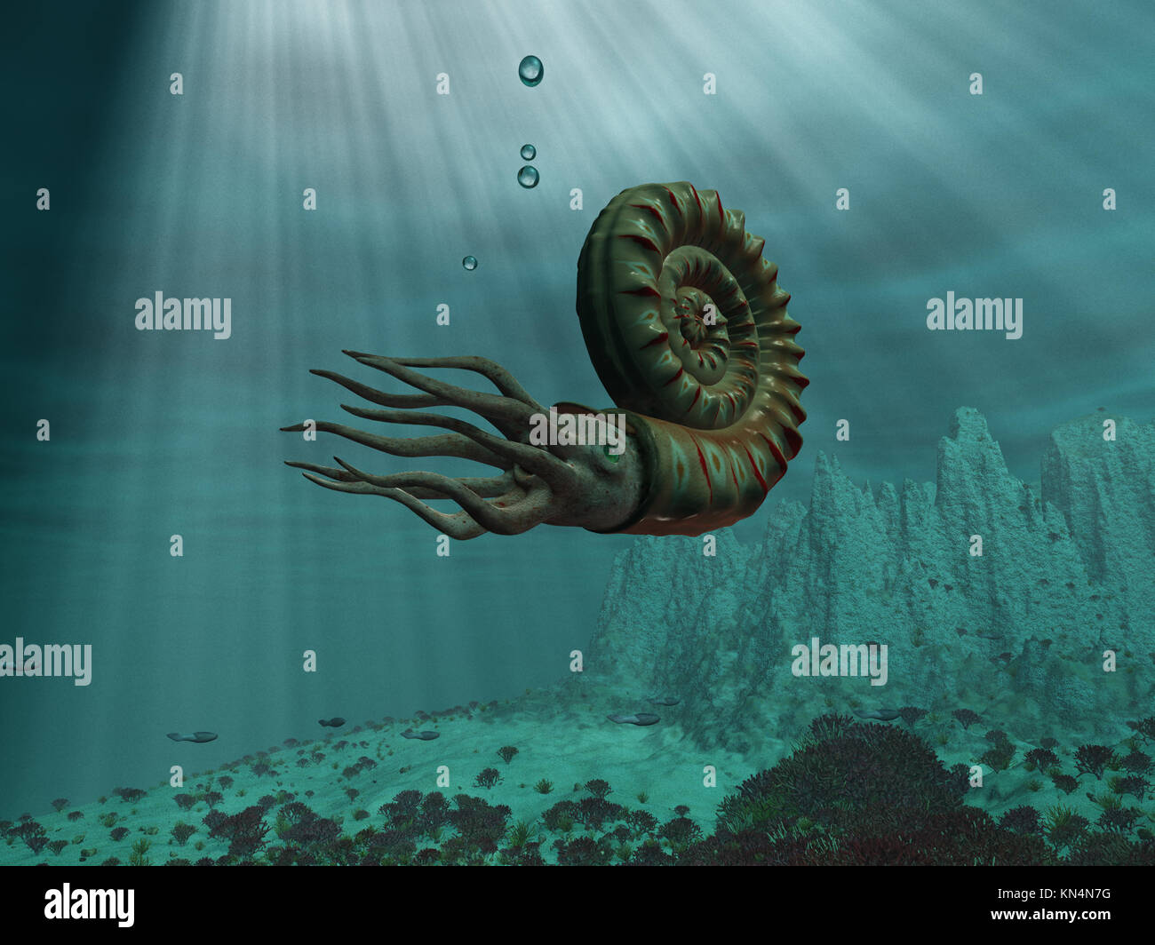 Ilustración de un 3d de ammonites en el mar Foto de stock