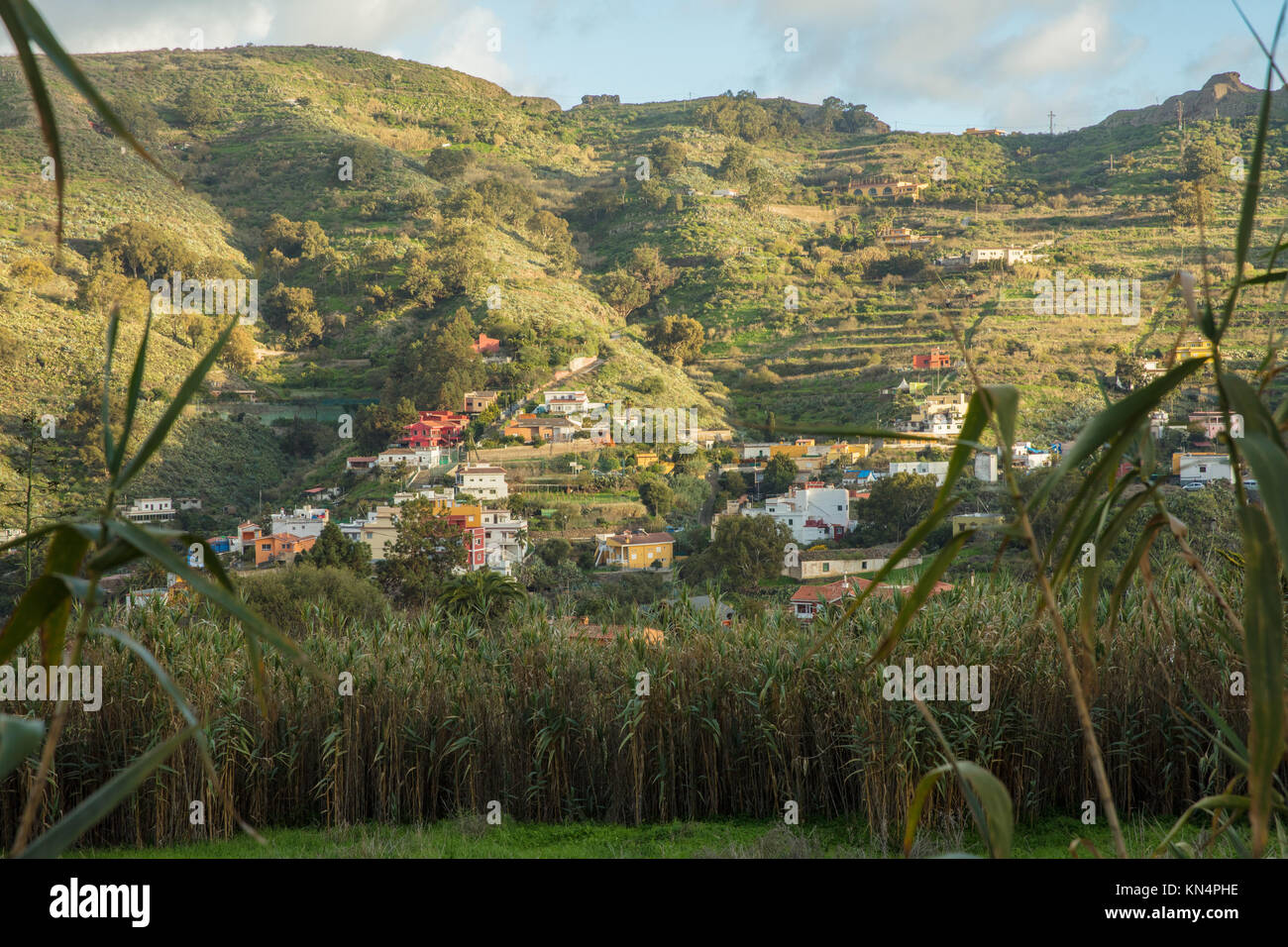Casas coloridas, aldea situada en la ladera en Gran Canaria Foto de stock