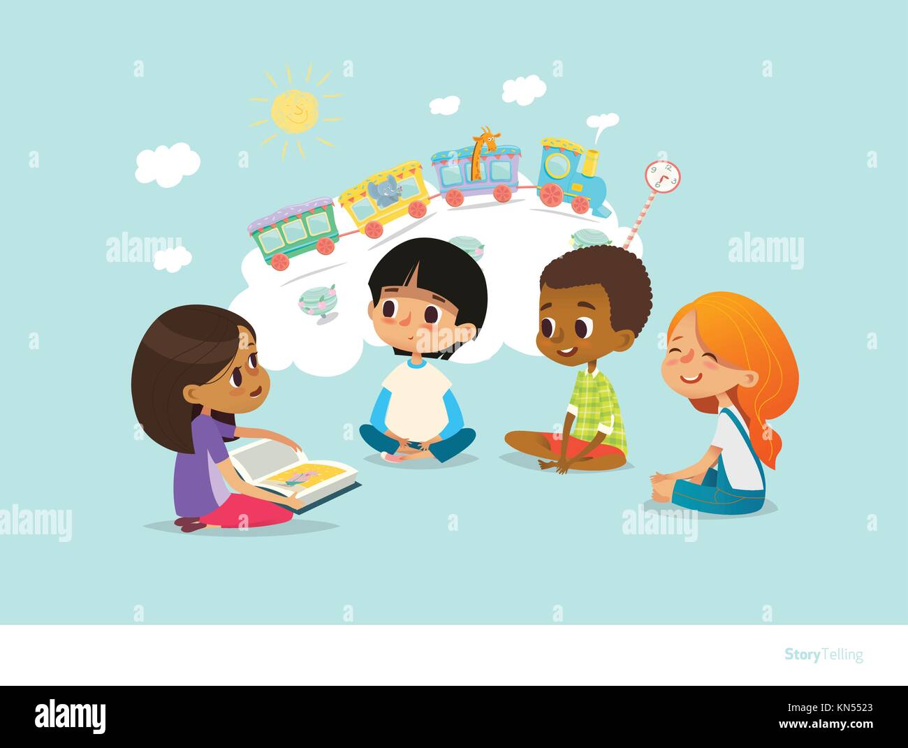 Cute Little Girl celebración libro y contar la historia a sus ...