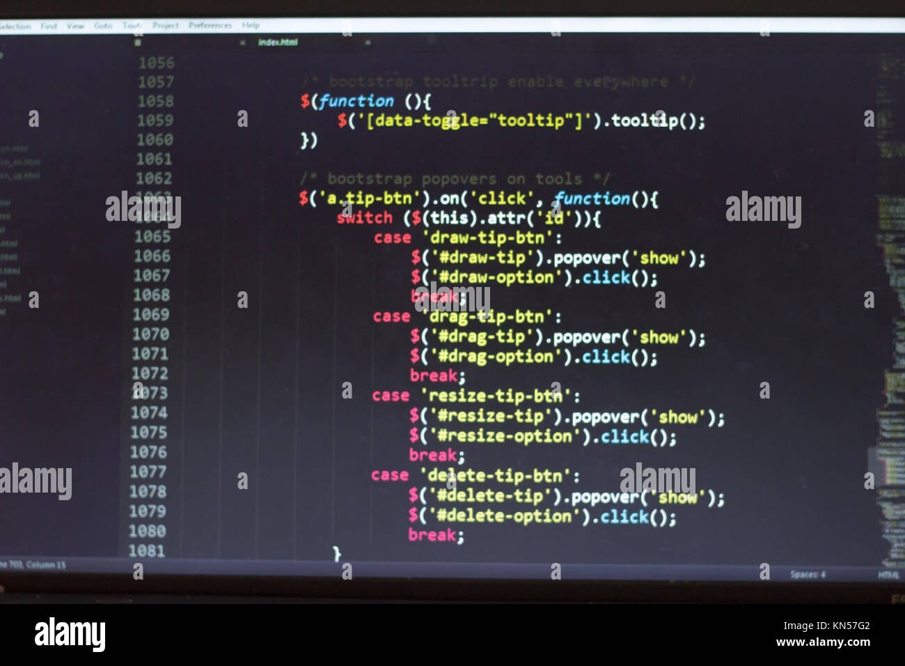 El código de Javascript. Código fuente de programación informática. Pantalla Resumen de