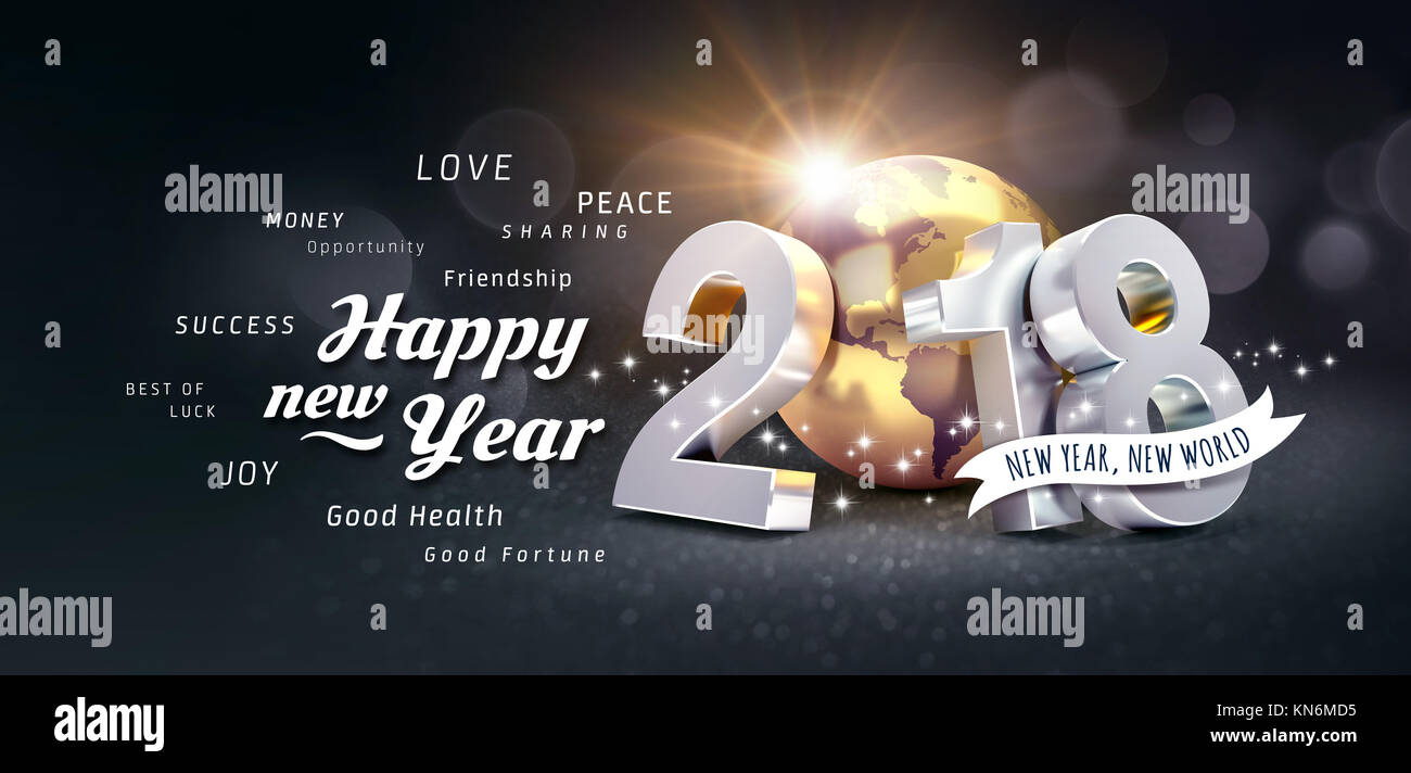 Fecha de Año Nuevo 2018 compuesto con un planeta tierra dorada y saludos, sobre un fondo negro festivo - Ilustración 3D Foto de stock