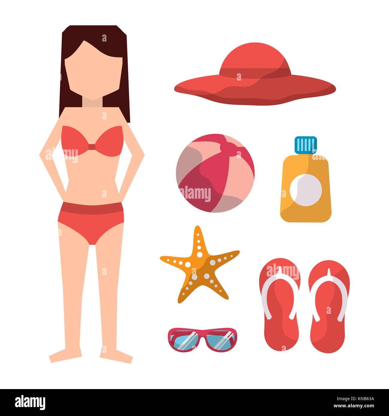 Mujer con sombrero bikini sandalias de bolas gafas de sol Protección solar  y starfish Imagen Vector de stock - Alamy