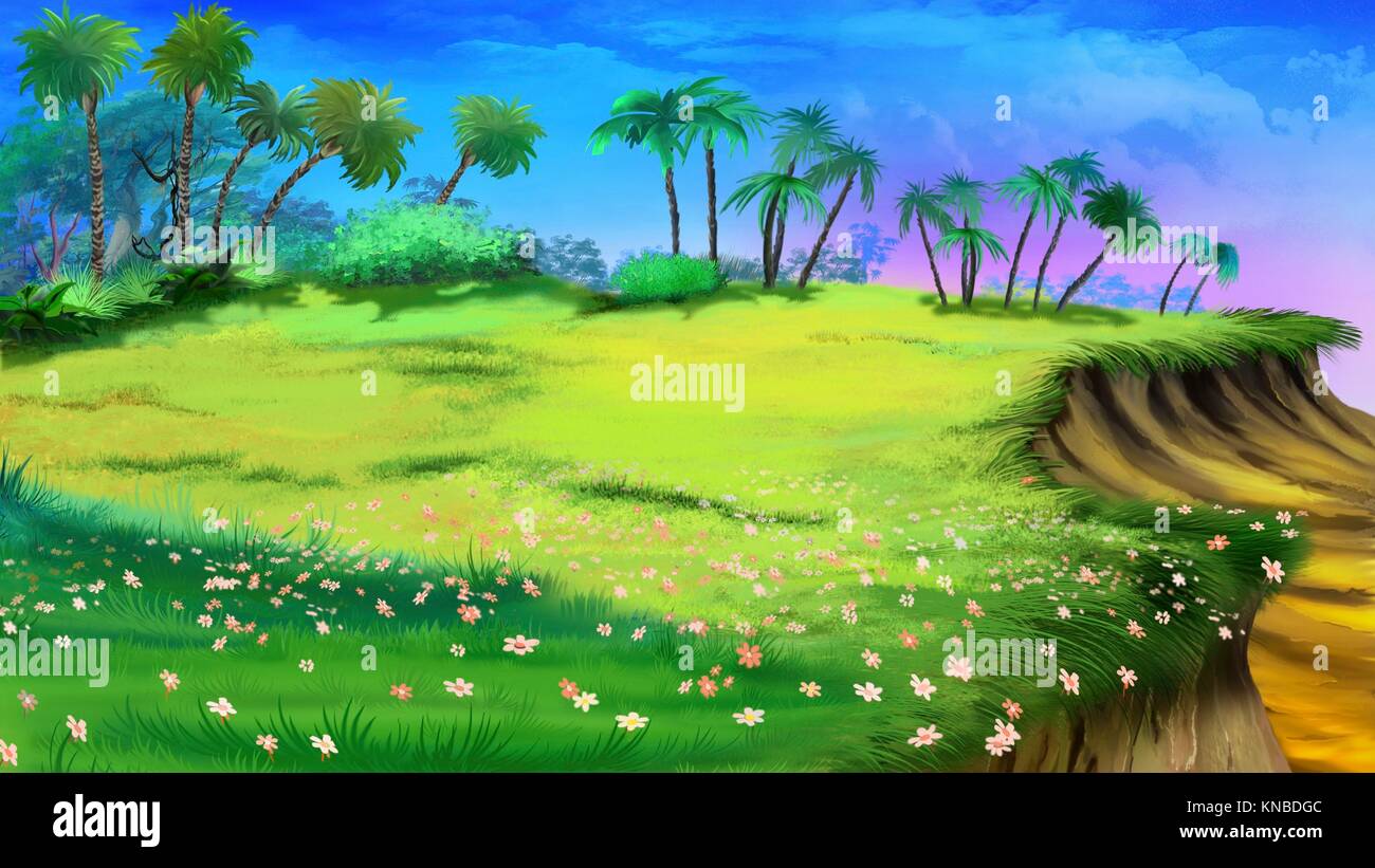 Pintura digital de las matas tropicales con palmeras, césped, flores y precipicio. Foto de stock