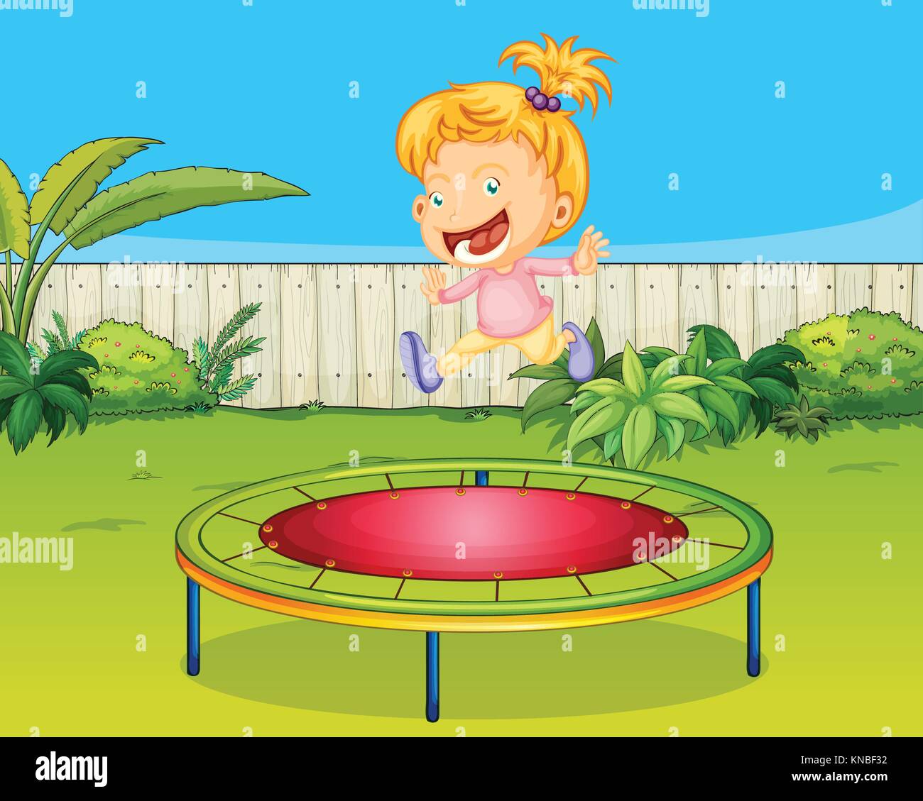 Mirar furtivamente uno Agencia de viajes Ilustración de una chica saltando sobre una cama elástica en un hermoso  jardín Imagen Vector de stock - Alamy