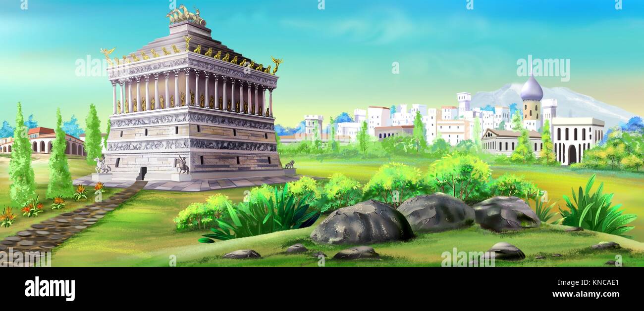 Pintura digital del Mausoleo de Halicarnaso, una de las maravillas del mundo. Foto de stock