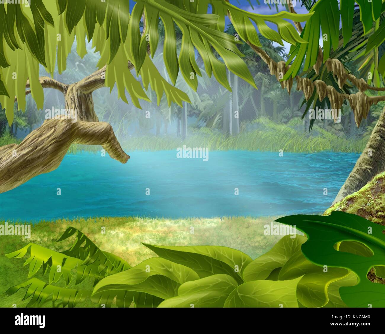 Banco Río con plantas en el bosque tropical. La pintura, la ilustración digital realista en el estilo de dibujos animados. Foto de stock