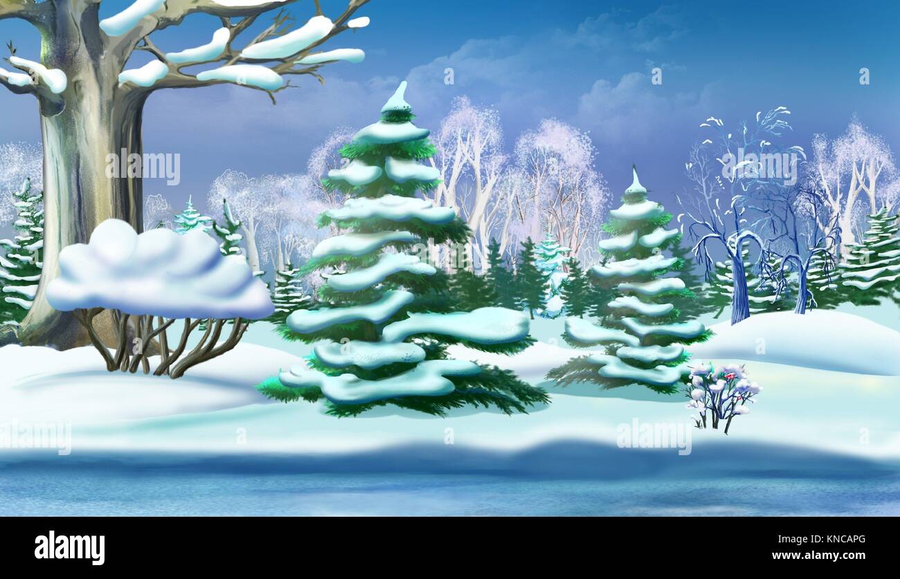 Bosque nevado cartoon con abetos fotografías e imágenes de alta resolución  - Alamy