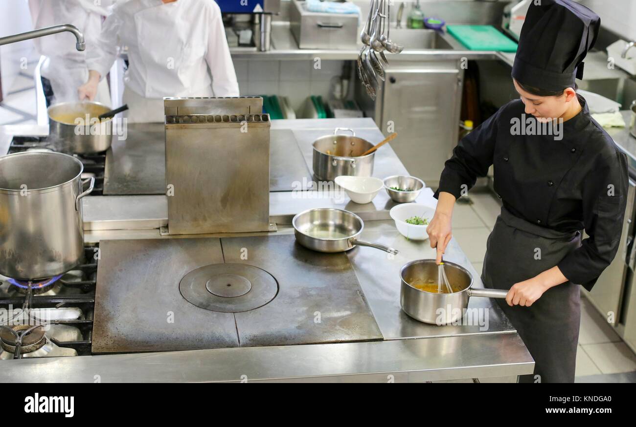 Chef, cocinar en la cocina de la escuela, Escuela de Cocina, Donostia, San Sebastián, Gipuzkoa, País Vasco, España, Europa Foto de stock