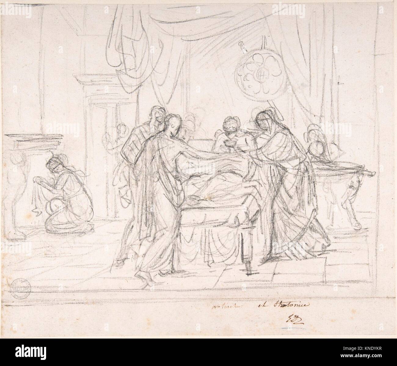 Escena de la antigua historia: copa ofrecida a un inválido. Artista: Jacques Louis David (francés, París 1748-1825 Bruselas); Fecha: n.d; mediana: Negro Foto de stock