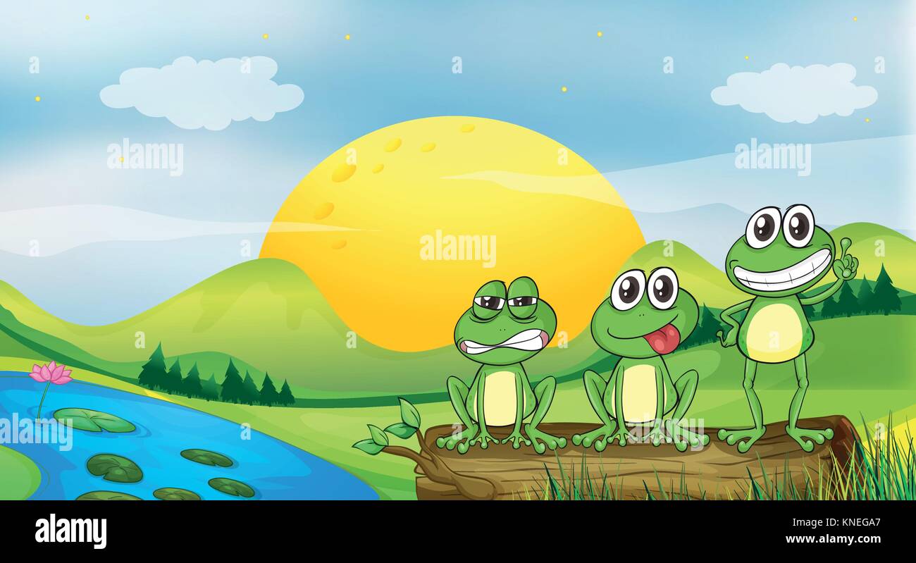 Ilustración de tres ranas en la orilla Ilustración del Vector