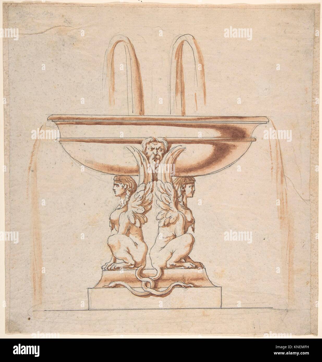 Diseño de una fuente: Bowl soportado por dos Sphynxes. Artista: Anónimo, Italiano, del siglo xviii; Artista: Anónimo, Italiano, siglo XVIII; Fecha: 18 Foto de stock