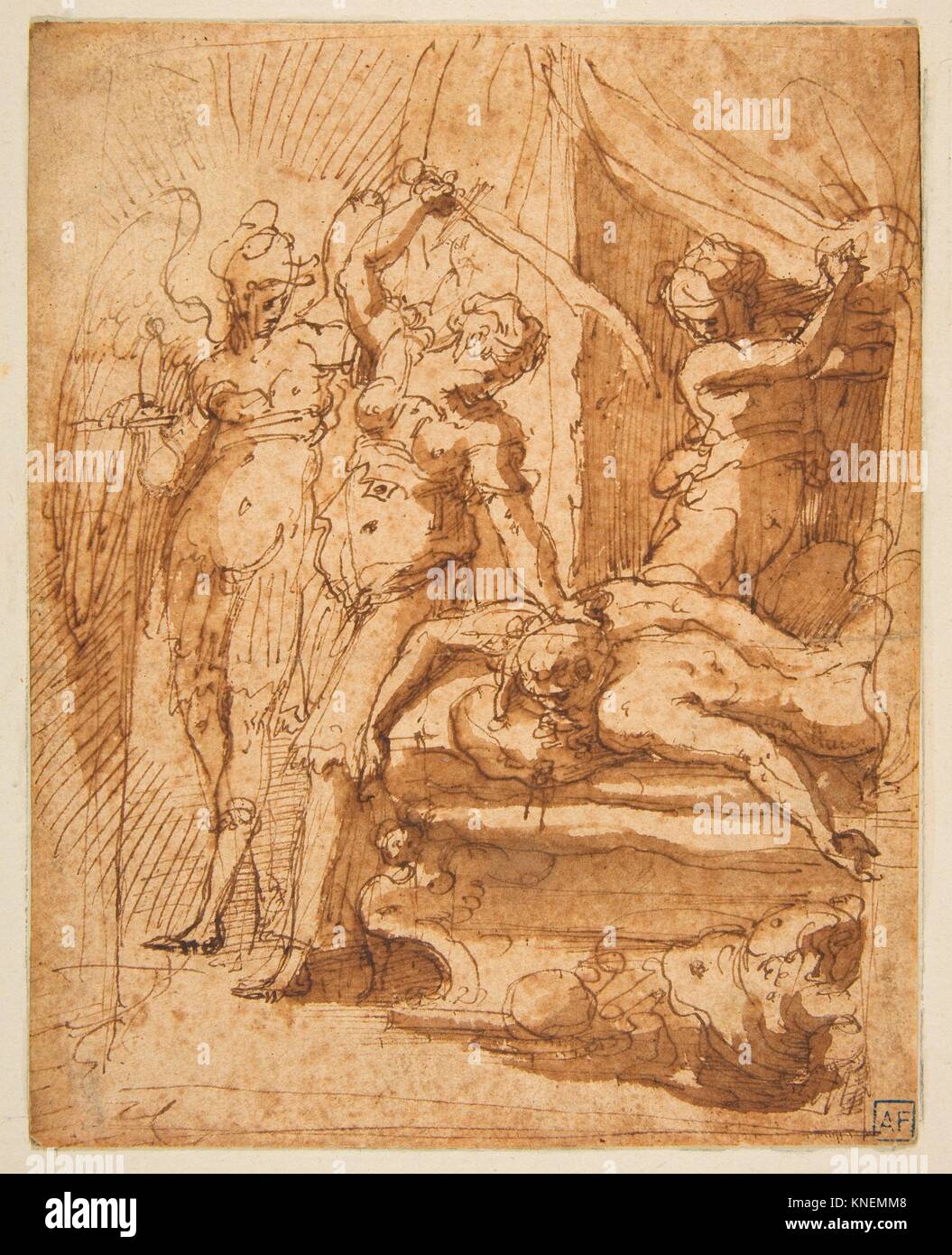 Judith decapitando Holofernes. Artista: Giorgio Vasari (Arezzo, Italia Florencia 1511-1574) (?); Fecha: 1511-74; Media: lápiz y tinta marrón, marrón Foto de stock