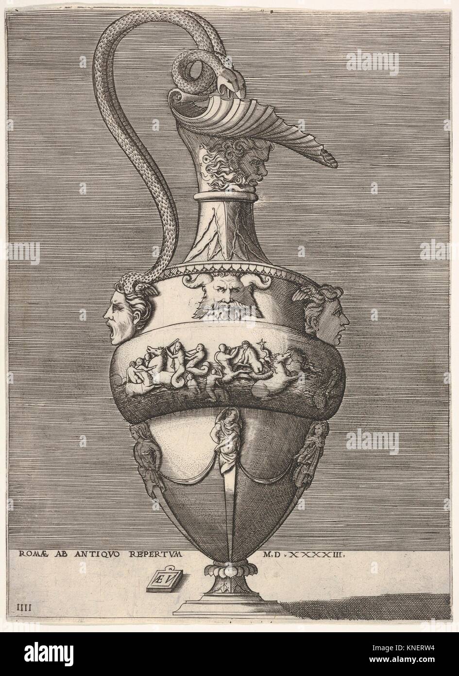 Ewer antiguos con un asa en forma de dos serpientes procedentes de la cabeza de Medusa debajo, desde floreros después del antiguo. Artista: Enea Vico (Italiano, Foto de stock