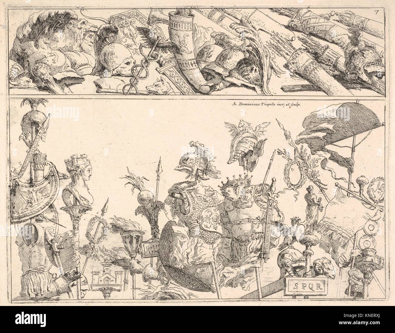 Armas romanas, estándares y trofeos, una composición dividida en dos bandas horizontales. Artista: Giovanni Domenico Tiepolo (Italiano, Venecia 1727-1804 Foto de stock