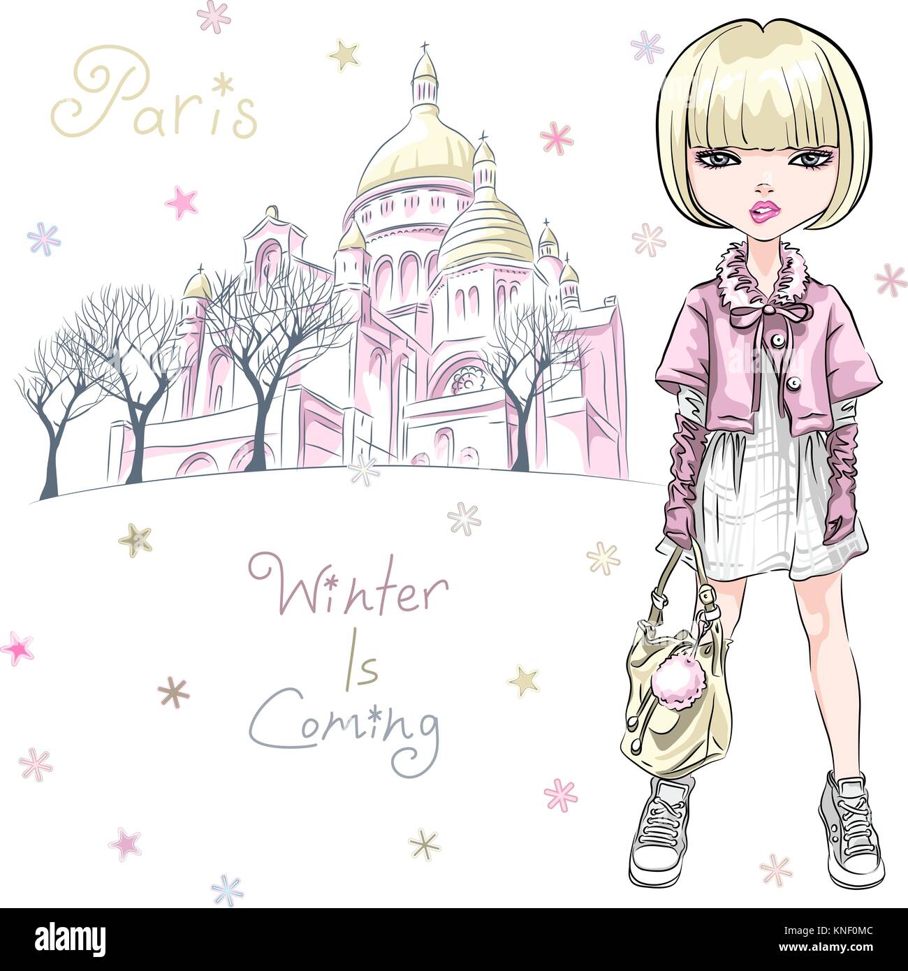 Vector chica de moda en ropa de invierno en París Ilustración del Vector