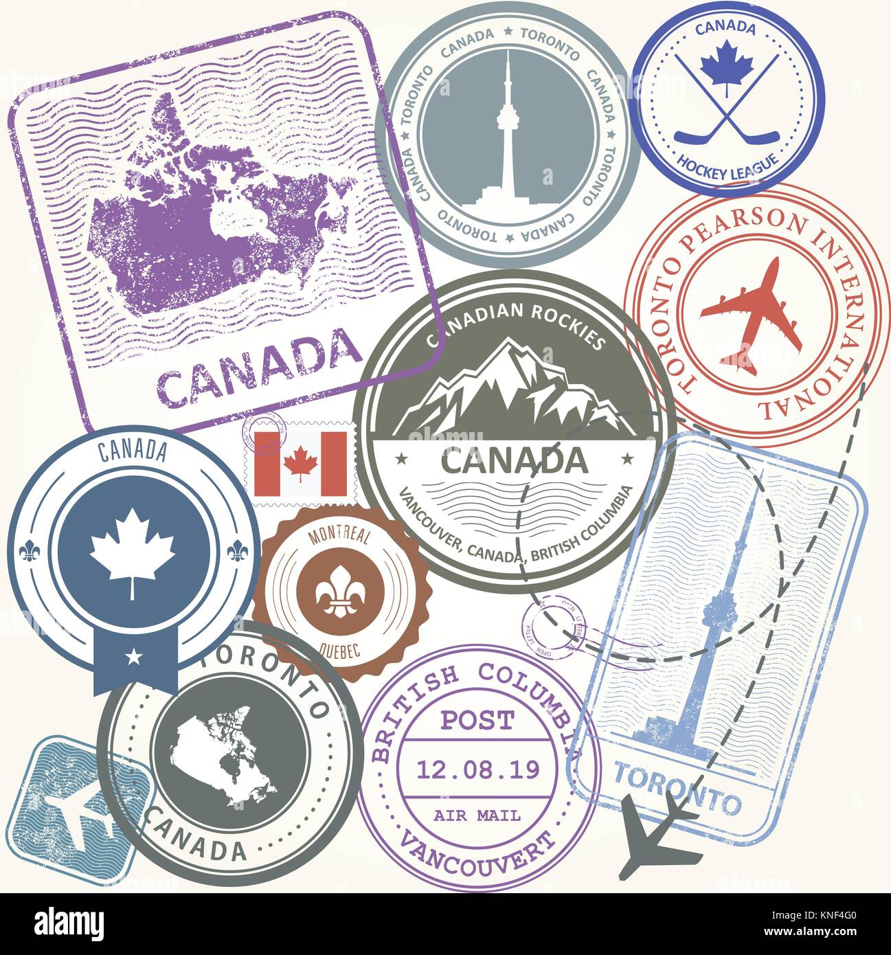 Canadá sellos viajes viaje set - símbolos de Toronto, Canadá y Quebec Ilustración del Vector