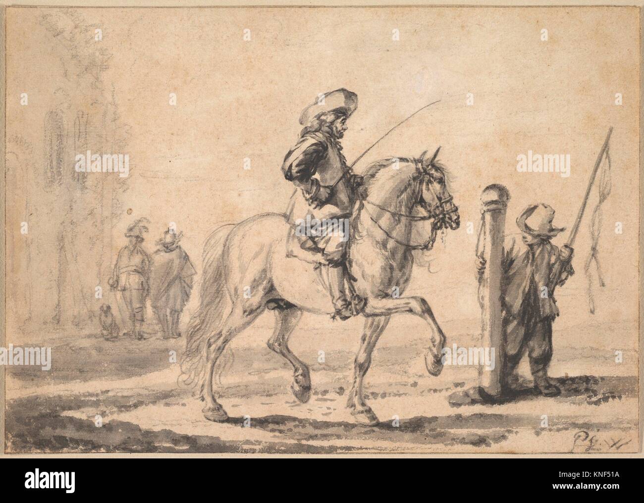 Montado en un caballo gris están escolarizados en Piaffe. Artista: Philips Wouwerman (Holandés, HAARLEM Haarlem) 1619-1668; Fecha: después de 1646; media: tizas, negro Foto de stock