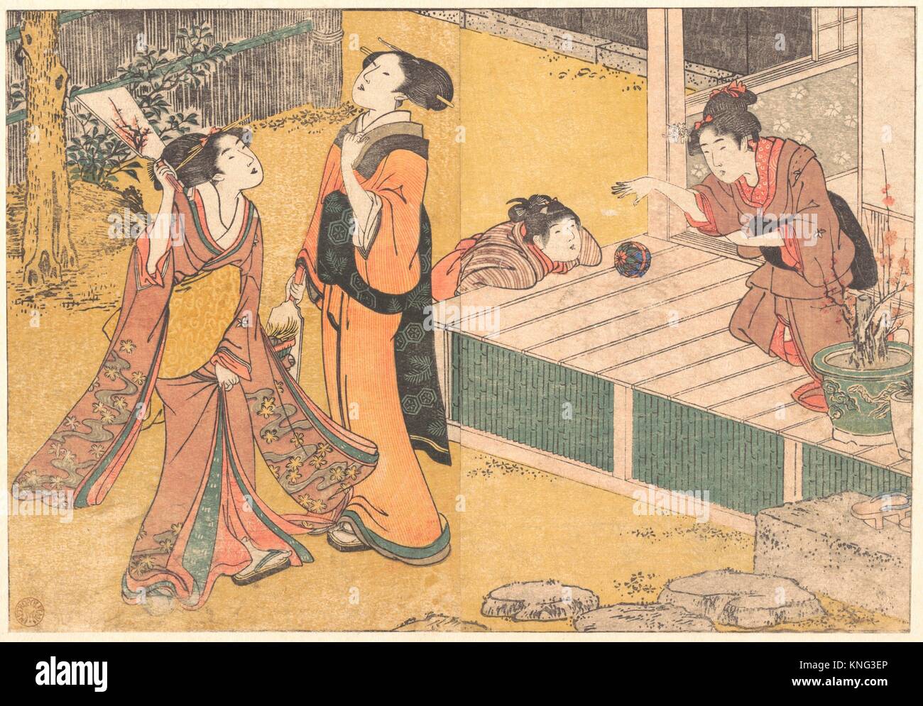 Å''å-£ã®èŠ±/Juegos de Año Nuevo, desde el libro impreso de las flores de las Cuatro Estaciones (Shiki no hana). Artista: Kitagawa Utamaro (japonés, 1753?-1806); Foto de stock