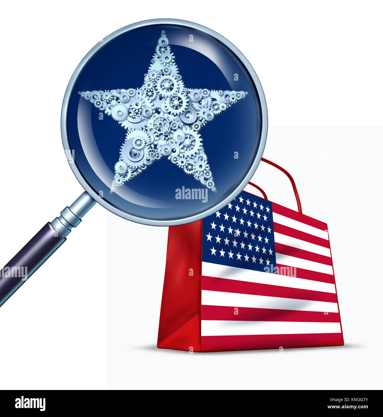Concepto de negocio de comercio de los Estados Unidos como una lupa estudiando una estrella cerca de dientes para la bandera americana como una ilustración 3D. Foto de stock