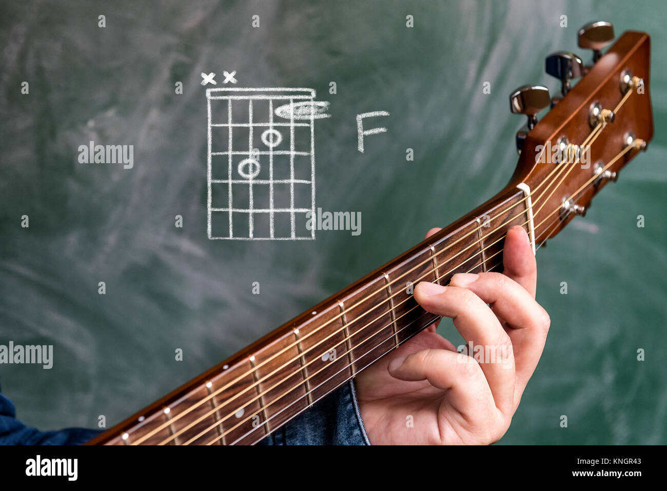Hombre en una camisa azul denim tocando acordes de guitarra aparece en un  pizarrón, acorde F Fotografía de stock - Alamy