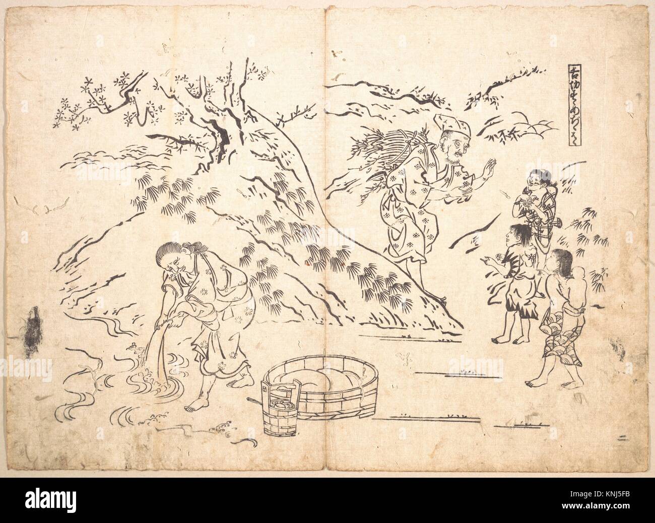 El Fagot-Recolector busca chico con Sparrow. Artista: Okumura Masanobu (japonés, 1686-1764); Período: del periodo Edo (1615-1868); Cultura: Japón; media: Foto de stock