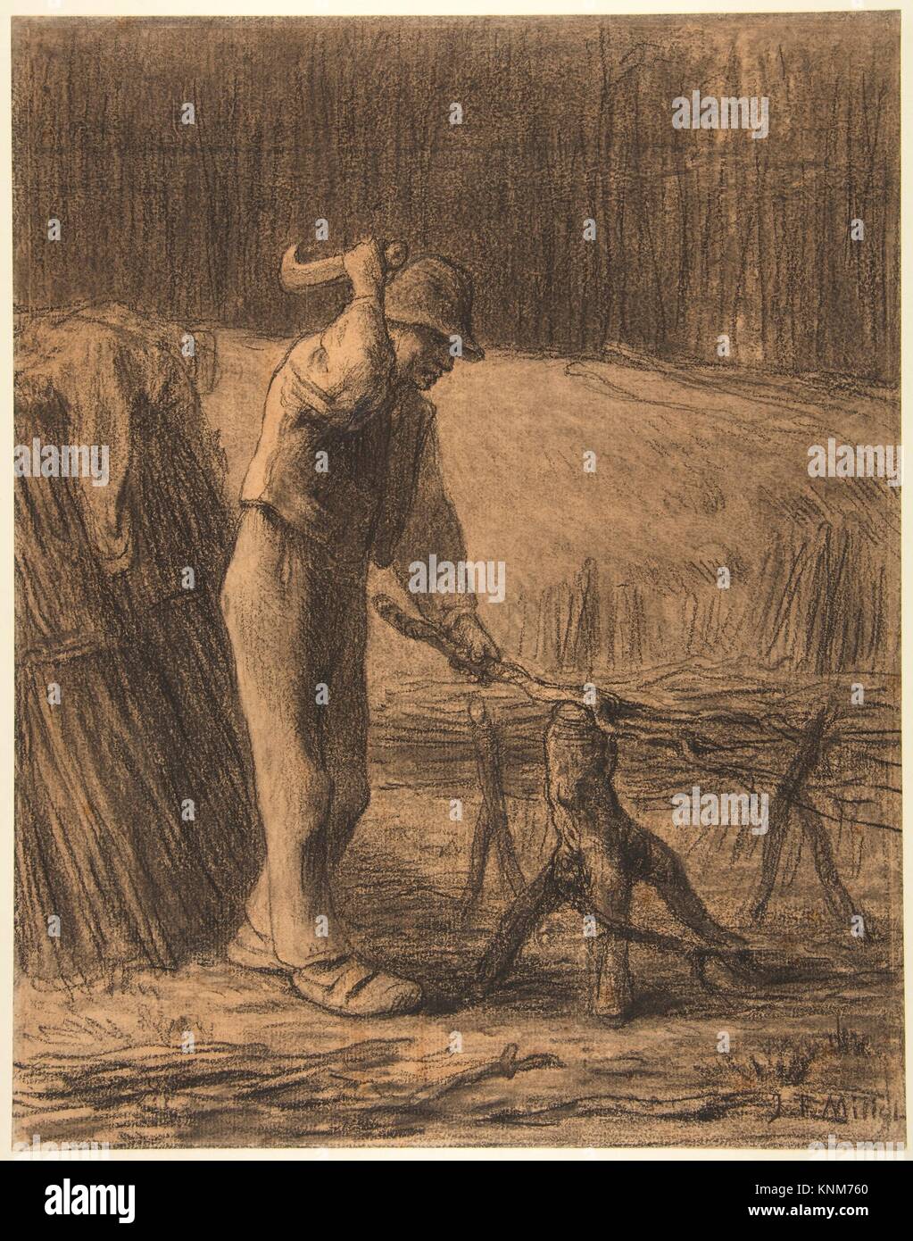 Fresado de leñador unos maricones. Artista: Jean-François Millet (Francés, 1814-1875 Gruchy Barbizon); Fecha: 1853-54; Media: Conté crayon con visitando en Foto de stock