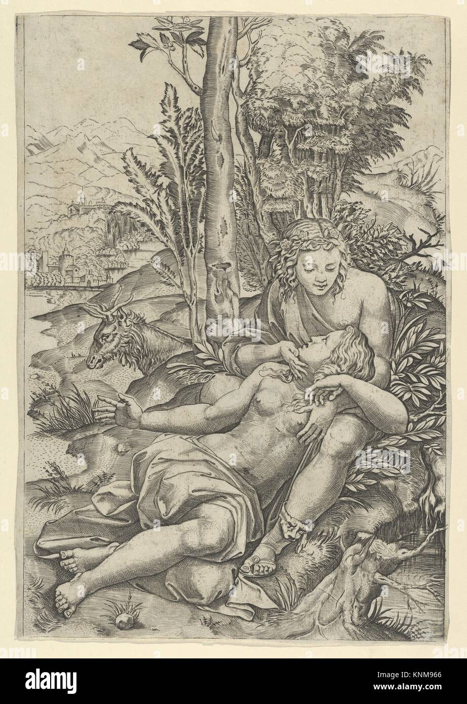Medor y Angélica de Ludovico Ariosto "Orlando Furioso" o Venus y Adonis abrazando, situado dentro de un paisaje. Artista: Marcantonio Raimondi Foto de stock
