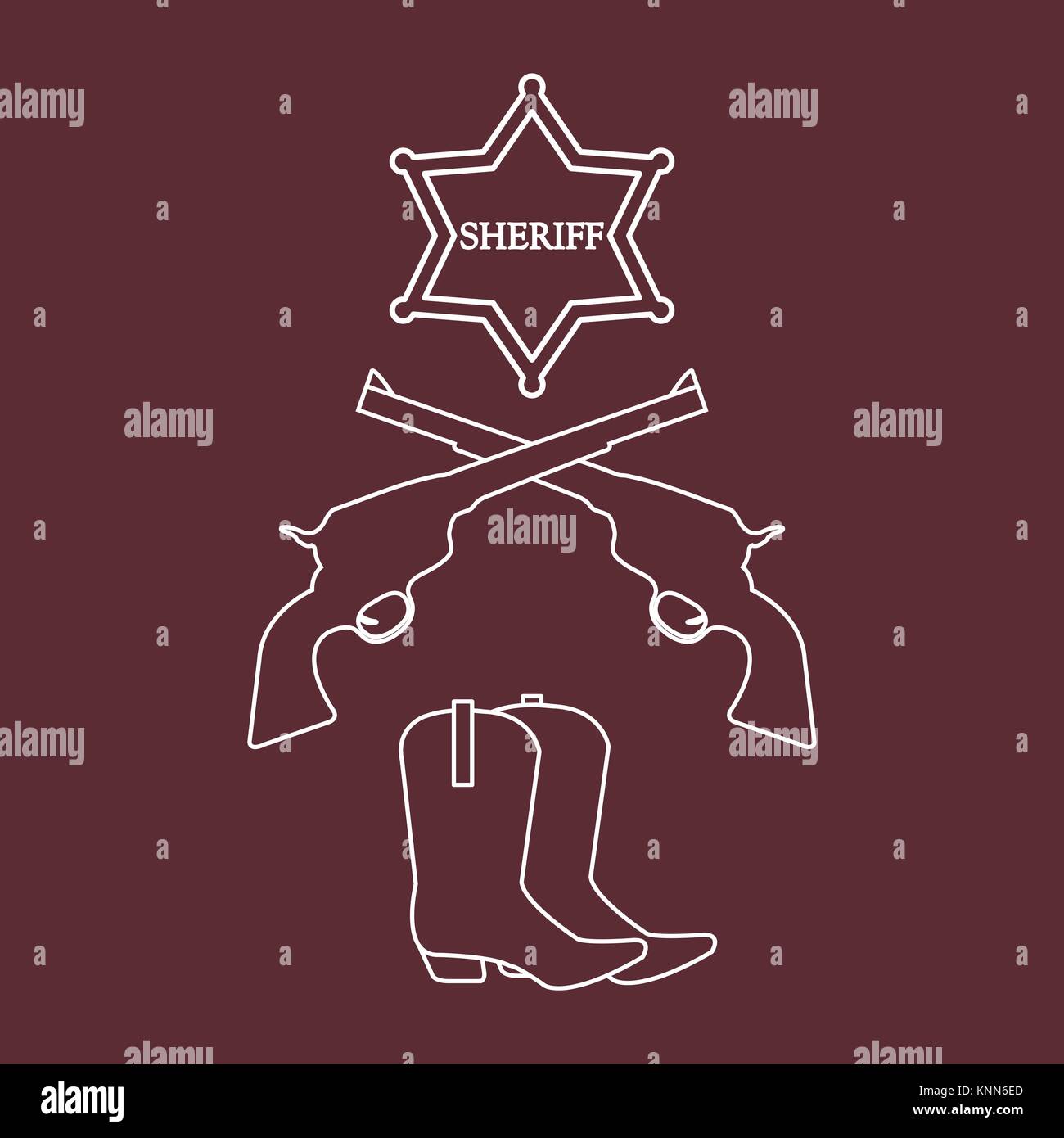 Ilustración de la estrella de sheriff, revólveres Colt y botas vaqueras.  Colección del salvaje oeste. Cosas de vaqueros Imagen Vector de stock -  Alamy