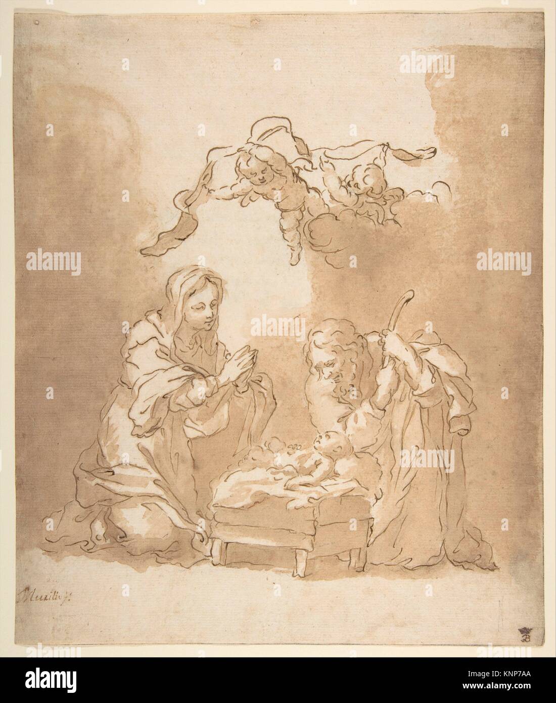 La Natividad. Artista: Bartolomé Murillo Estebón (Español, 1617-1682 Sevilla Sevilla); Fecha: 1665-70; Media: lápiz y tinta marrón, marrón y cepillo de lavado, Foto de stock