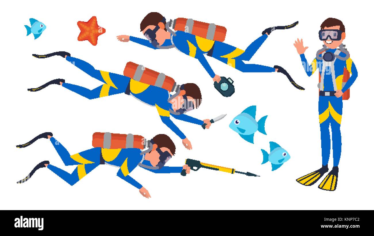 Scuba Diver Vector. Snorkel buceo. Bajo el agua. Plano aislado personaje de caricatura
