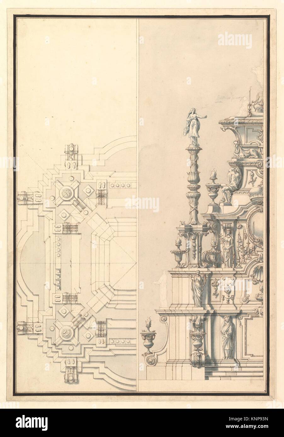 La mitad de la elevación y la mitad de plan para un catafalco de Maximilian, Elector de Baviera, probablemente Emanuel Maximiliano II (1662-1726). Artista: Taller de Foto de stock