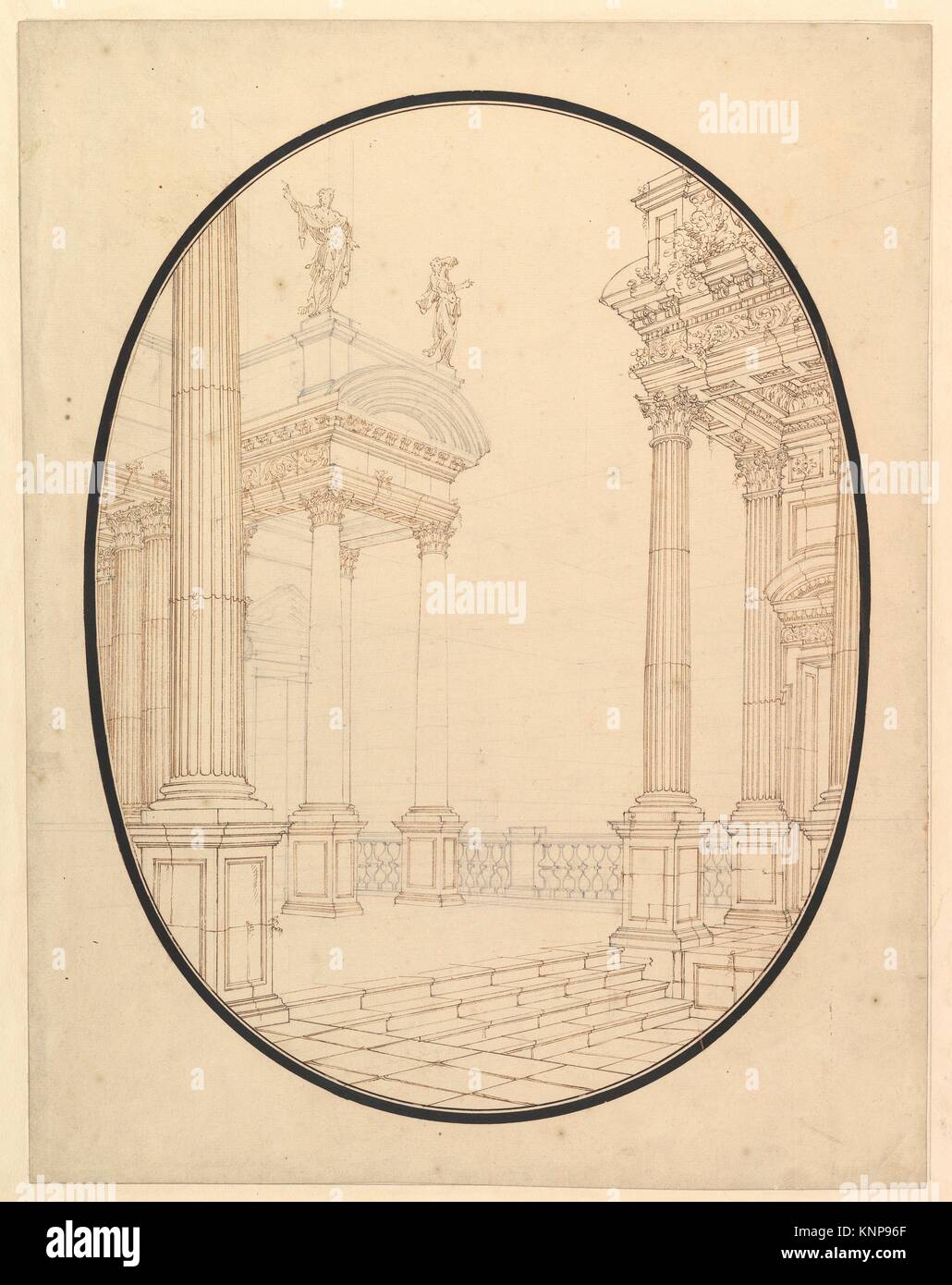 Perspectiva arquitectónica, en un óvalo: Porche de un palacio con columnas corintias. Artista: Taller de Ferdinando Galli Bibiena (Italiano, Bolonia Foto de stock