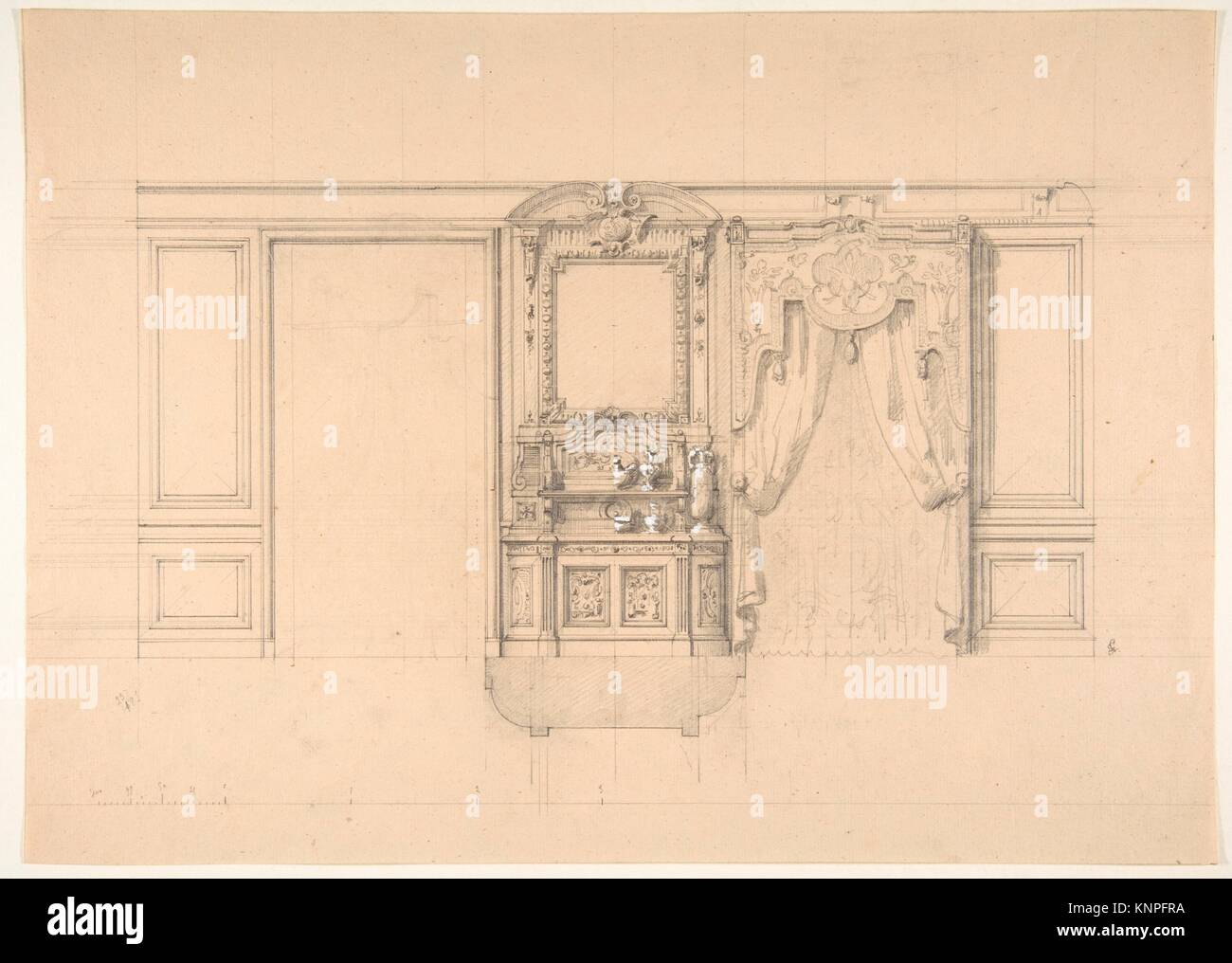 Elevación de un comedor con buffet y cortinas de cristal tallado. Artista: Jules-Edmond-Charles Lachaise (Francés, murió 1897); Artista: Foto de stock