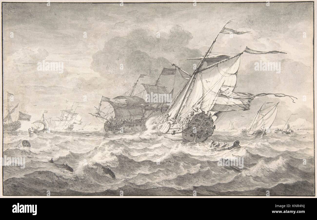 Los buques mercantes y pequeños barcos de vela en una fuerte brisa, delfines en las olas. Artista: Hendrick Rietschoof (Holandés, Hoorn Hoorn) 1687-1746; Fecha: Foto de stock