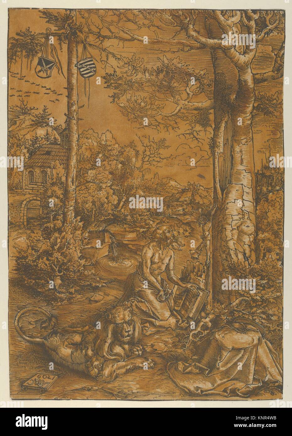 La penitencia de San Jerónimo. Artista: Lucas Cranach Kronach (alemán, 1472-1553) de Weimar; Fecha: 1509; media: Xilografía, Coloreado a mano. Foto de stock