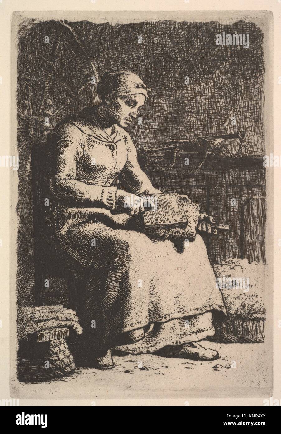 Carda la lana. Artista: Jean-François Millet (Francés, 1814-1875 Gruchy Barbizon); Fecha: 1834-75; Media: Aguafuerte sobre papel establecido; único estado; Foto de stock