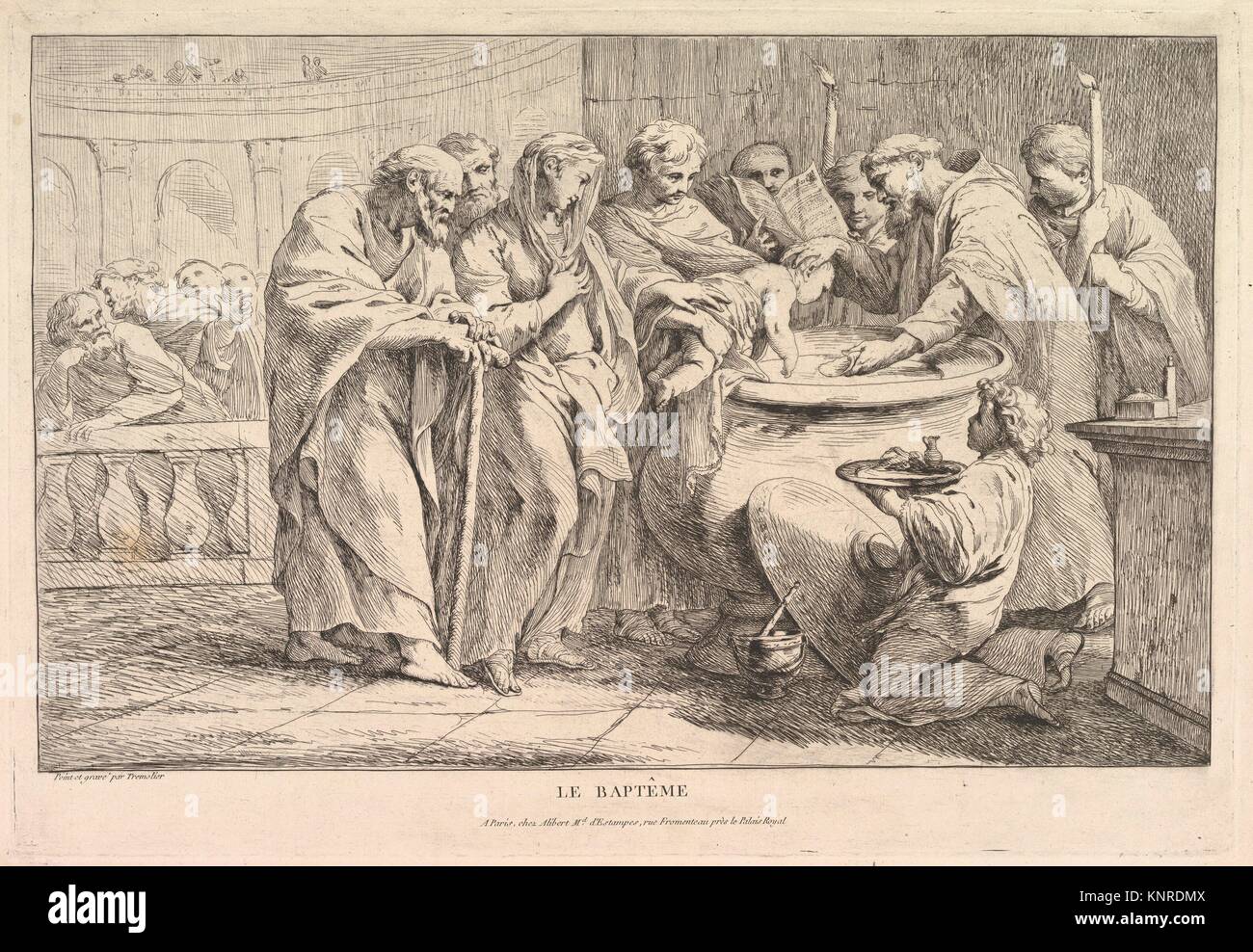 El bautismo. Artista: Pierre Charles Trémolières (Francés, Cholet 1703-1739 París); Fecha: ca. 1734; media: aguafuerte, estado II/II; Dimensiones: Hoja: 13 Foto de stock