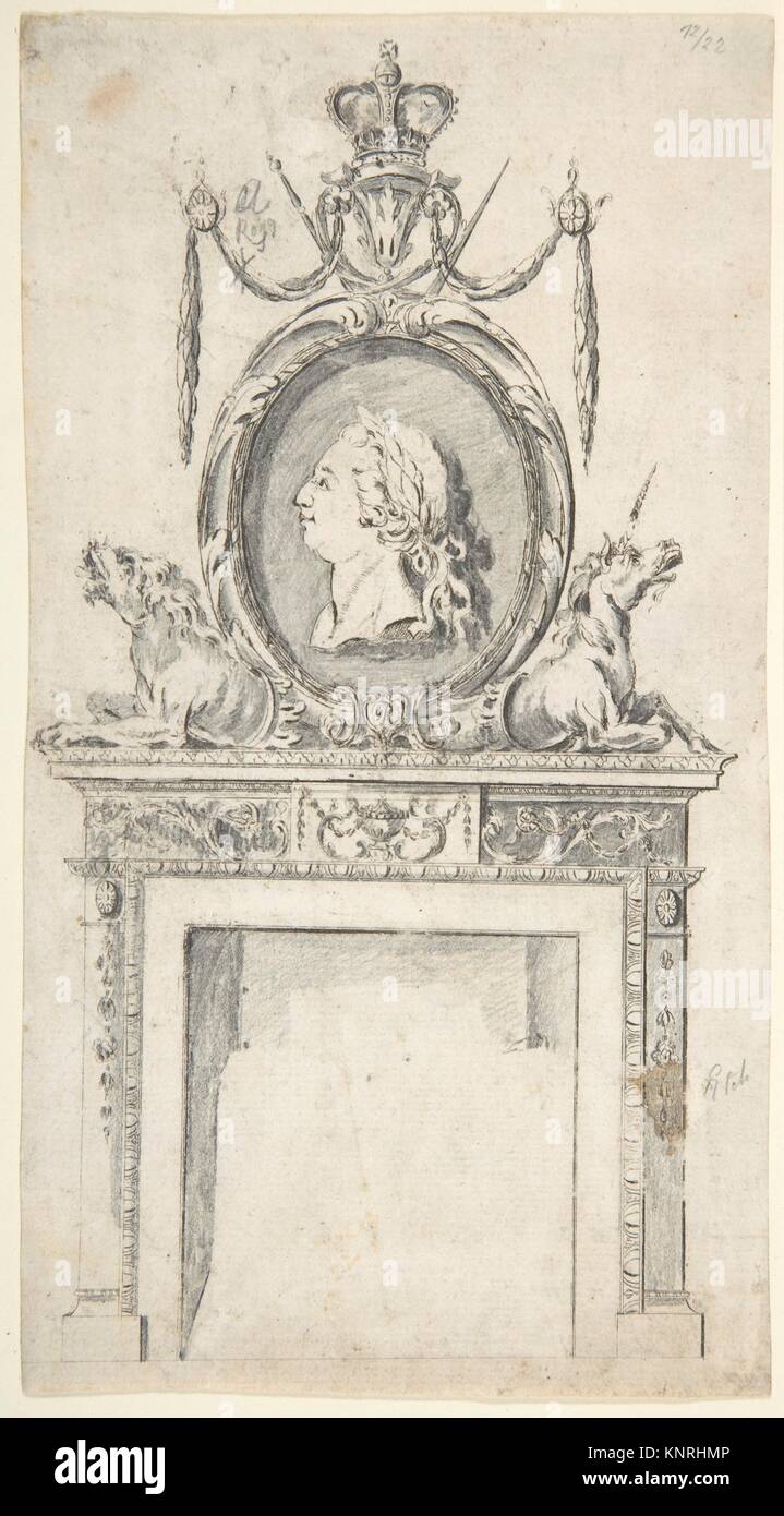 Diseño de un Chimneypiece, incorporando un retrato de George III. Artista: Sir William Chambers (británico (nacido en Suecia), Gotemburgo Londres 1723-1796); Foto de stock