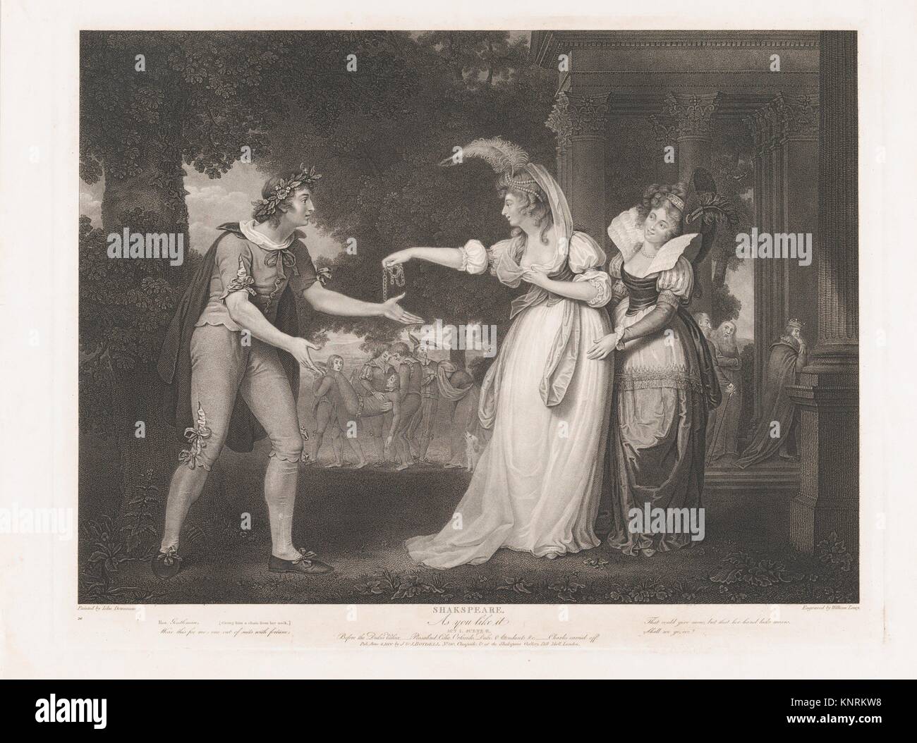 Antes de Duke's Palace-Rosalind, Celia, Orlando, el duque & asistentes (Shakespeare, Como le gusta, Acto I, escena 2). Series/Cartera: Boydell's Foto de stock