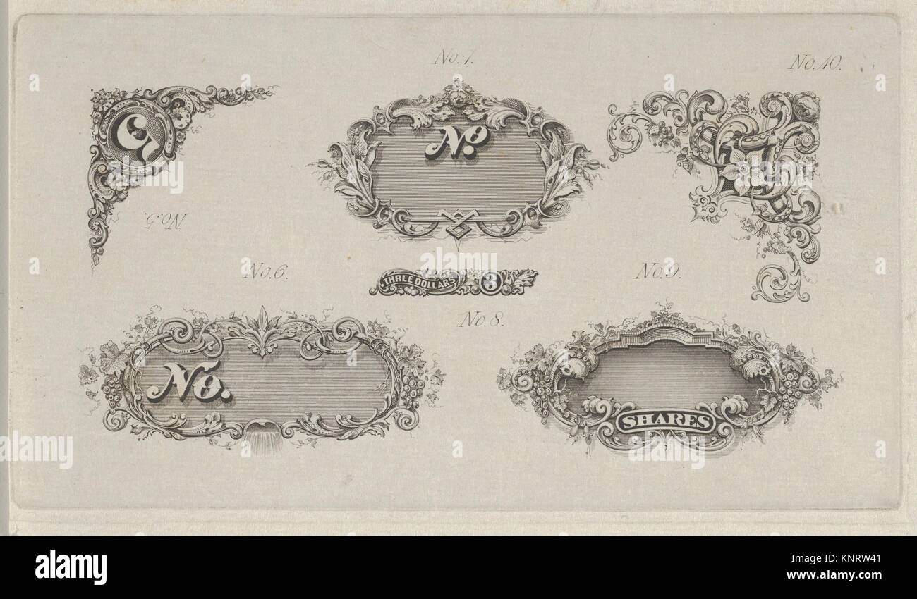 Motivos de billetes: seis pequeños trabajos de torno diseños para esquinas, marcos y números. Artista: asociado con Cyrus Durand (Americano, 1787-1868); impresora: Foto de stock