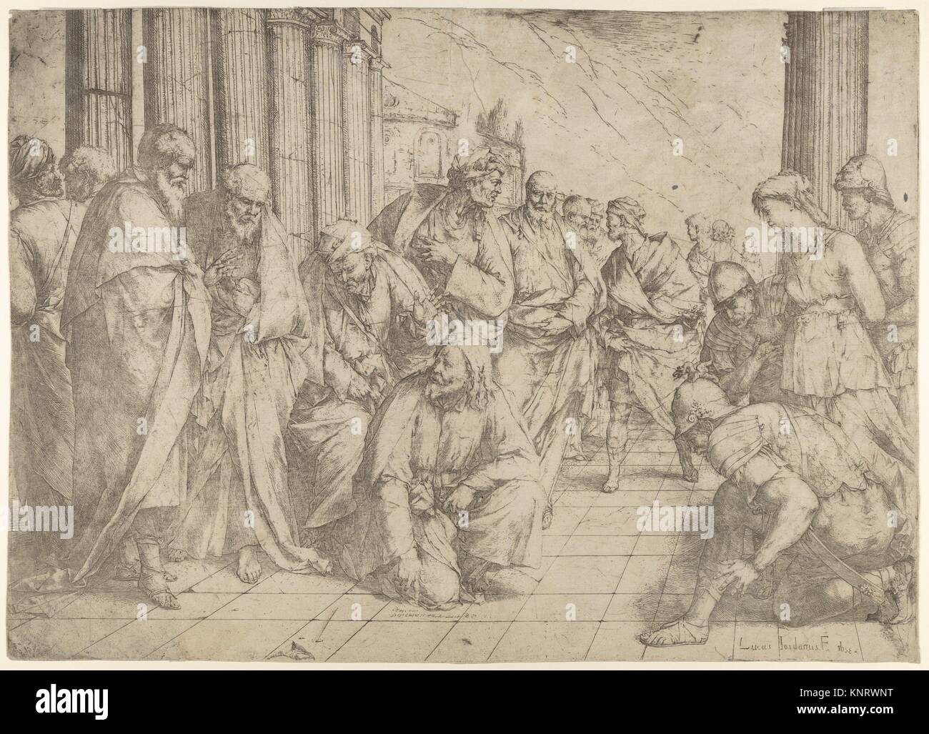 Cristo se arrodilla y escribe sobre el pavimento en el centro y la mujer sorprendida en adulterio entre tres soldados de la derecha. Artista: Luca Giordano Foto de stock