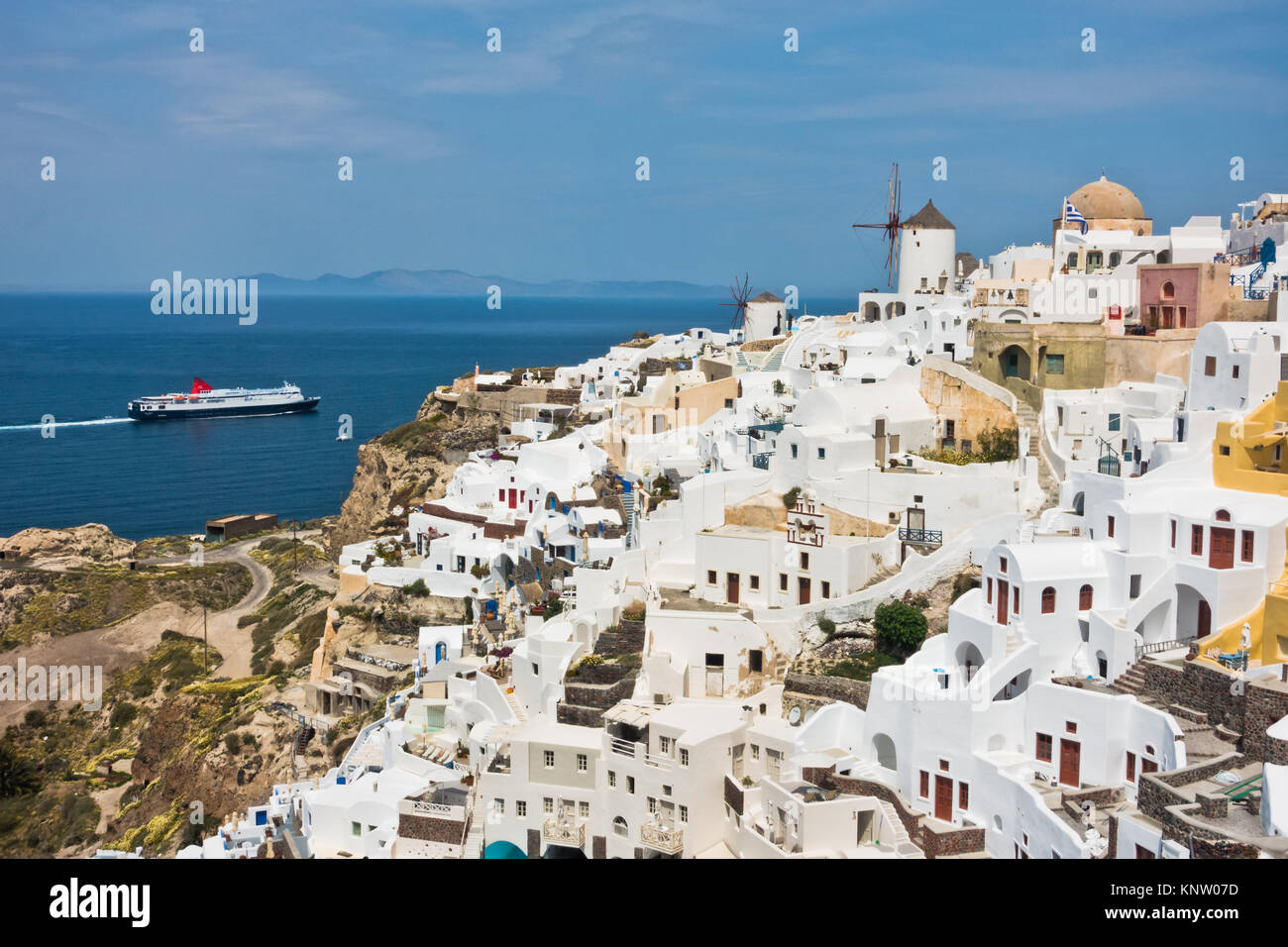 Ciudad de villa y Caldera View en mañana, Santorini Island Foto de stock