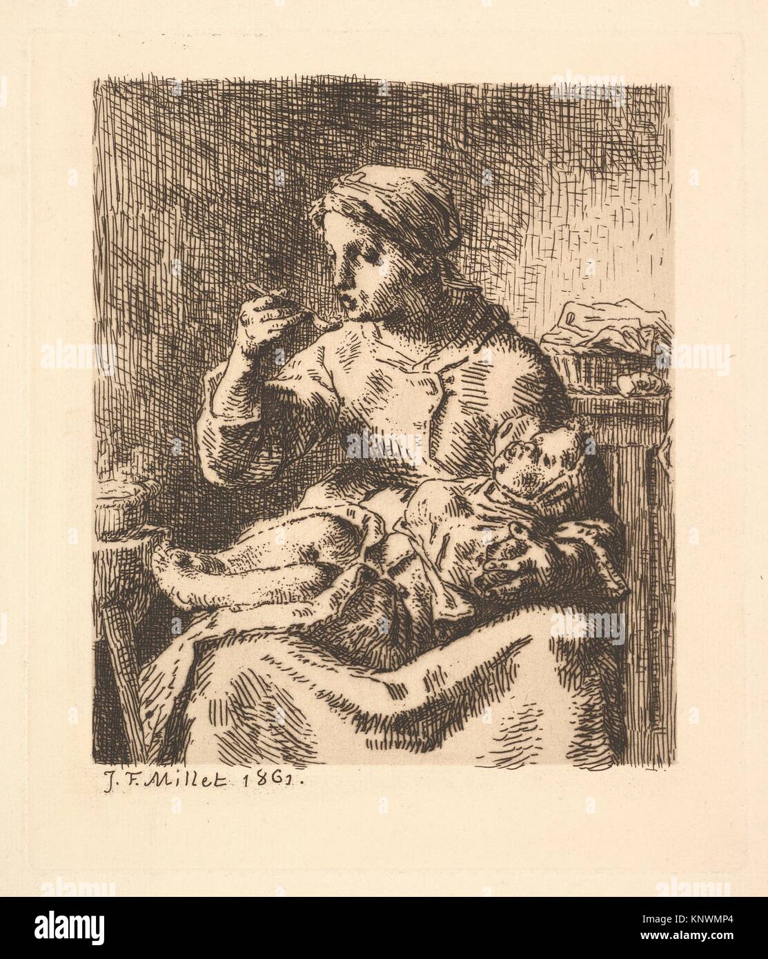 El enfriamiento de la papilla. Artista: Jean-François Millet (Francés, 1814-1875 Gruchy Barbizon); Fecha: 1861; media: Aguafuerte sobre papel establecido; quinto estado de Foto de stock