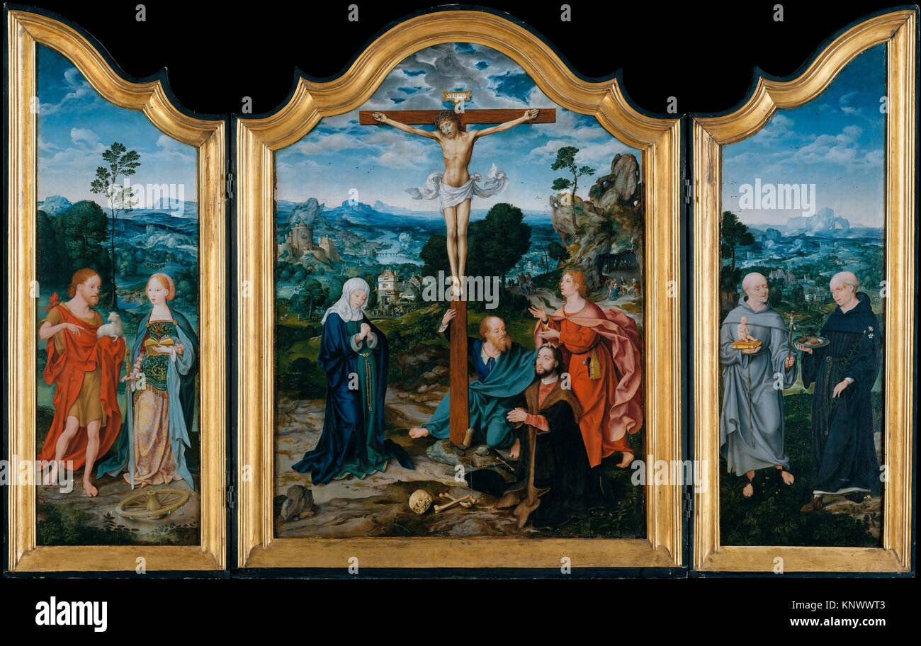 La Crucifixión con Santos y un donante. Artista: Joos van Cleve (Netherlandish, Cleve ca. 1485-1540/41 Amberes) y un colaborador; Fecha: ca. 1520; Foto de stock