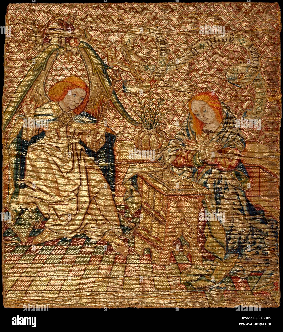 Bordado con la Anunciación. Fecha: mediados del siglo XV; Cultura: Netherlandish; Media: Seda y roscas metálicas sobre lino; Dimensiones: 8 1/4 x 3 Foto de stock