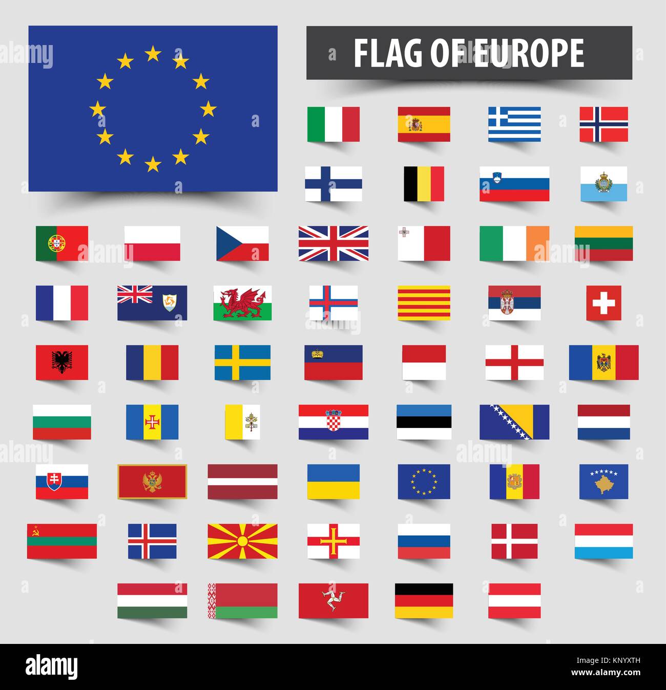 Conjunto de banderas oficiales de Europa . El diseño del pabellón flotante Imagen Vector de Conjunto de banderas oficiales de Europa . El diseño del pabellón flotante Imagen Vector de